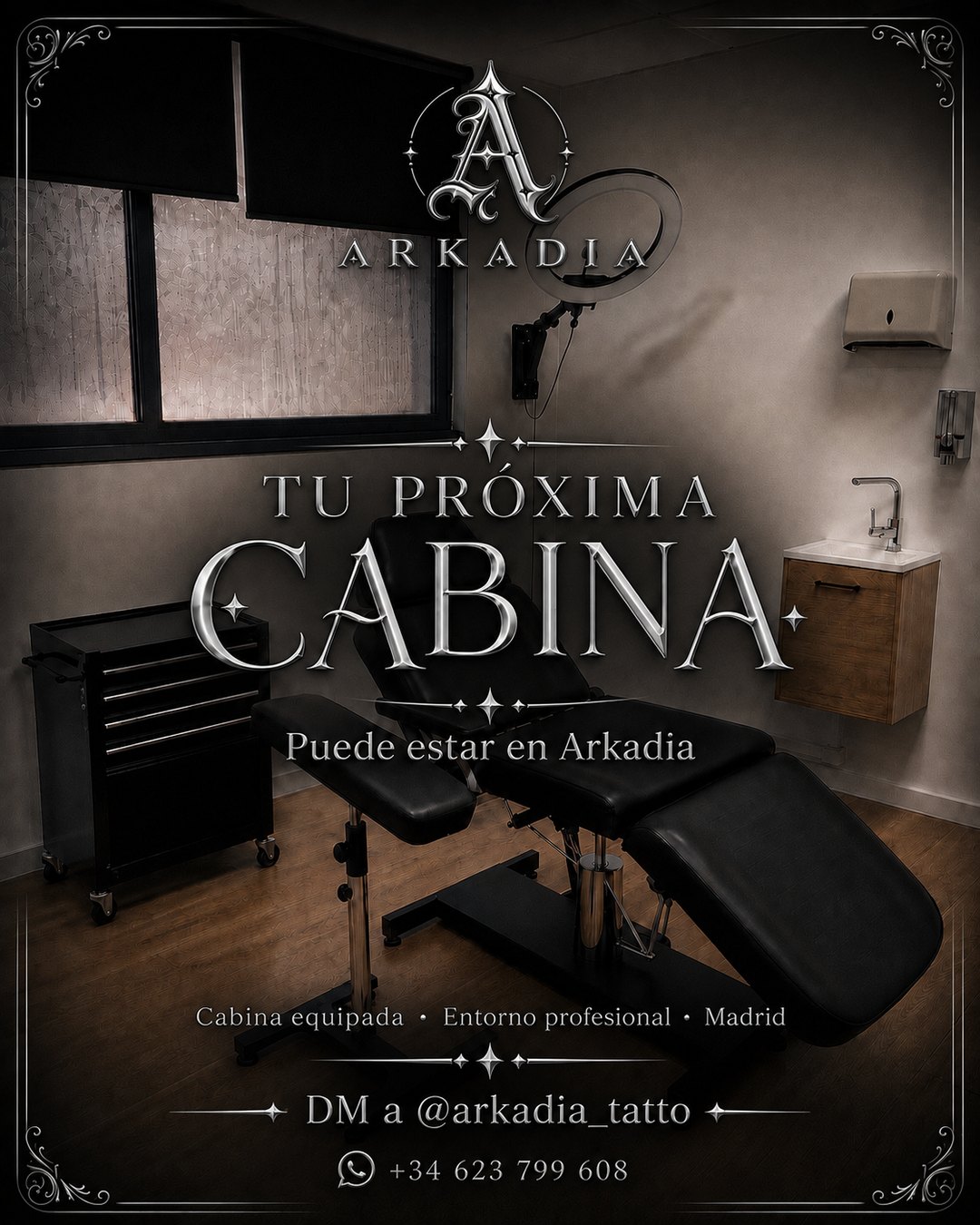 Arkadia booth rental poster: an equipped tattoo booth available in Ciudad Lineal, Madrid