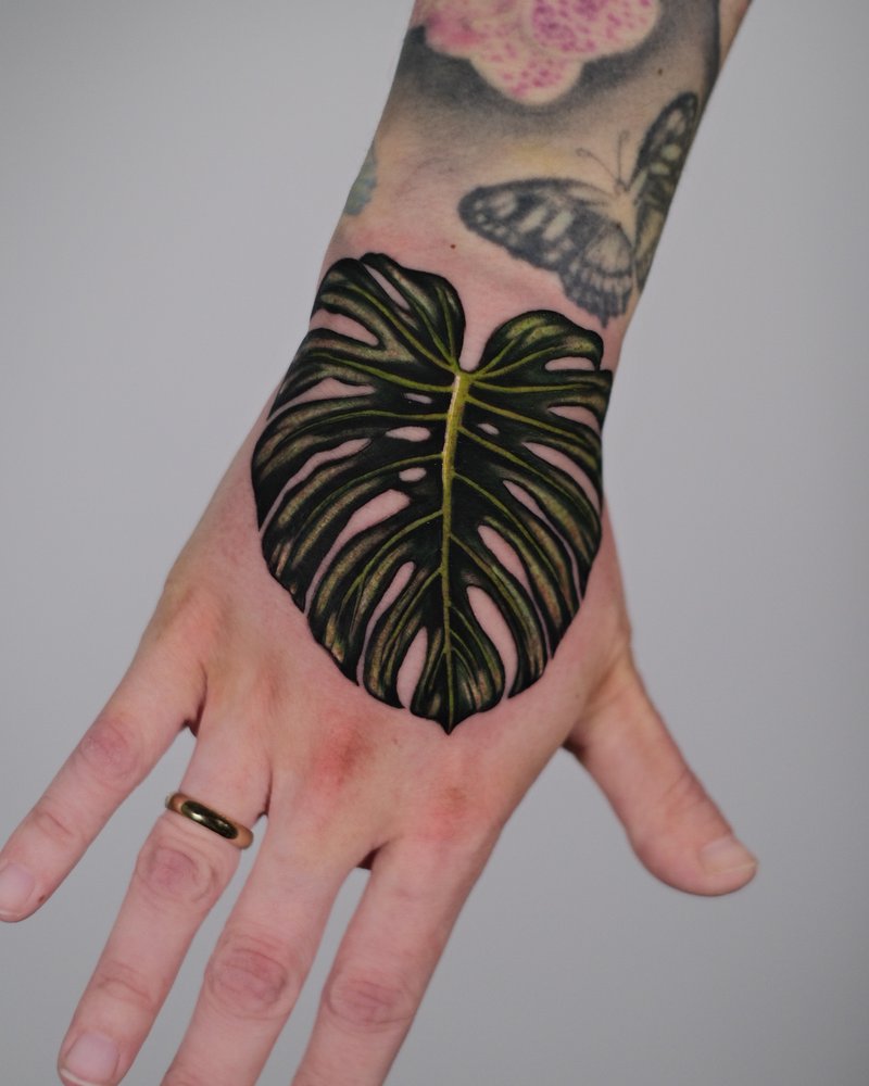 Tatuaje de línea fina de una hoja monstera en el dorso de la mano